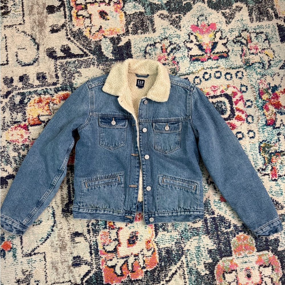 GAP Blue Denim Jacket with Cream Sherpa Collar